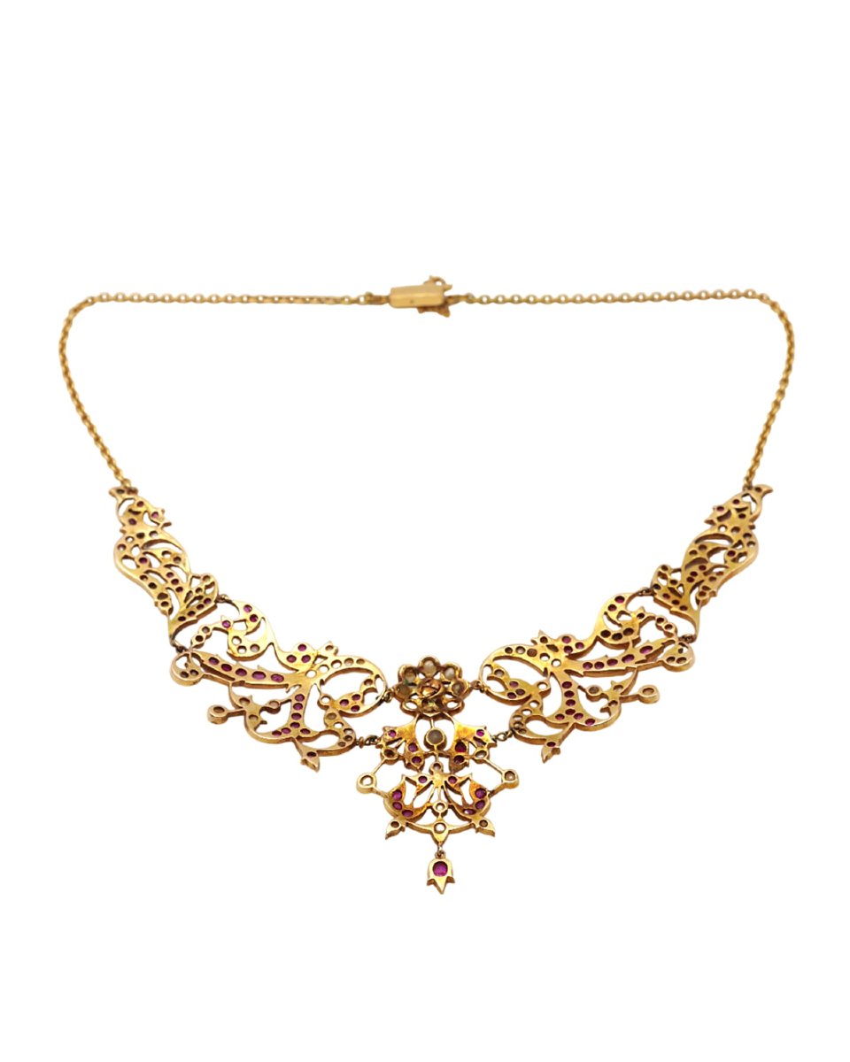 Ruby Pearl Necklace In 18k And 14k Gold, Natural Rubies, Natural Pearls, Vintage Necklace-photo-3