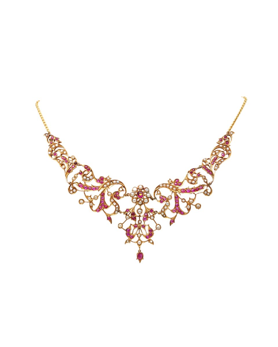 Ruby Pearl Necklace In 18k And 14k Gold, Natural Rubies, Natural Pearls, Vintage Necklace-photo-4