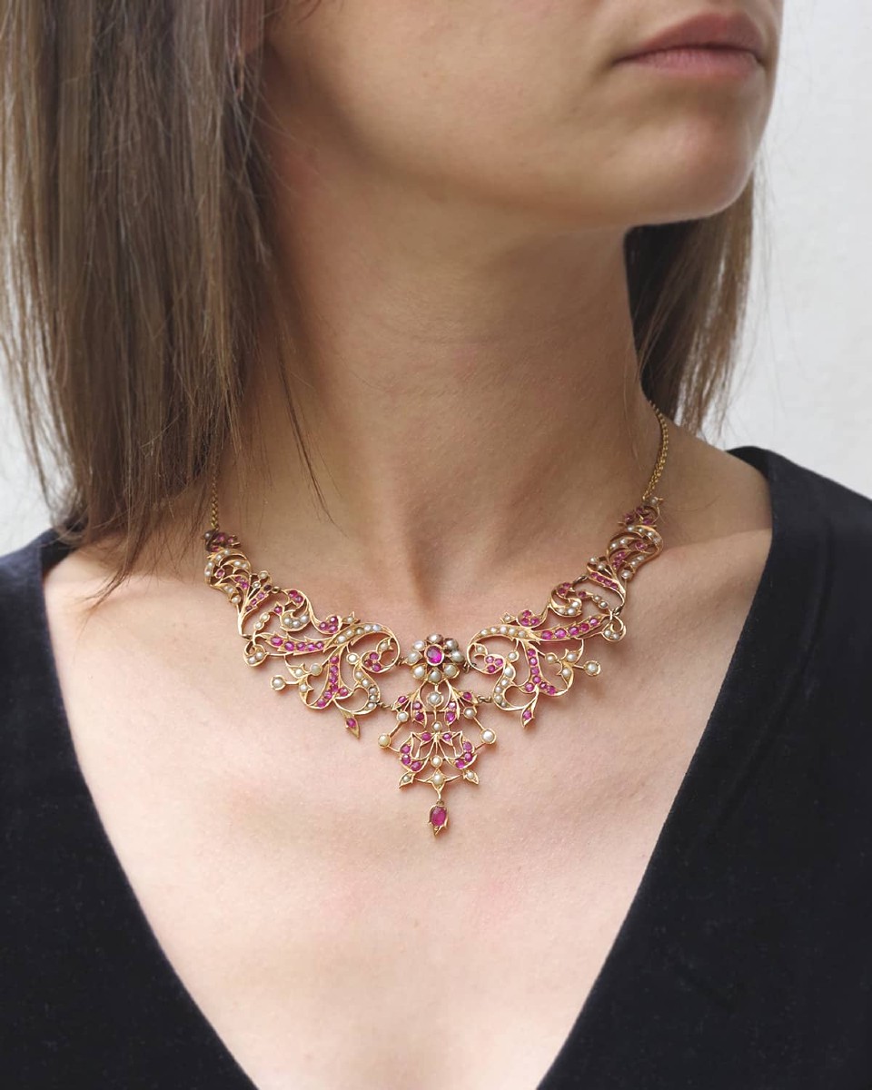 Ruby Pearl Necklace In 18k And 14k Gold, Natural Rubies, Natural Pearls, Vintage Necklace
