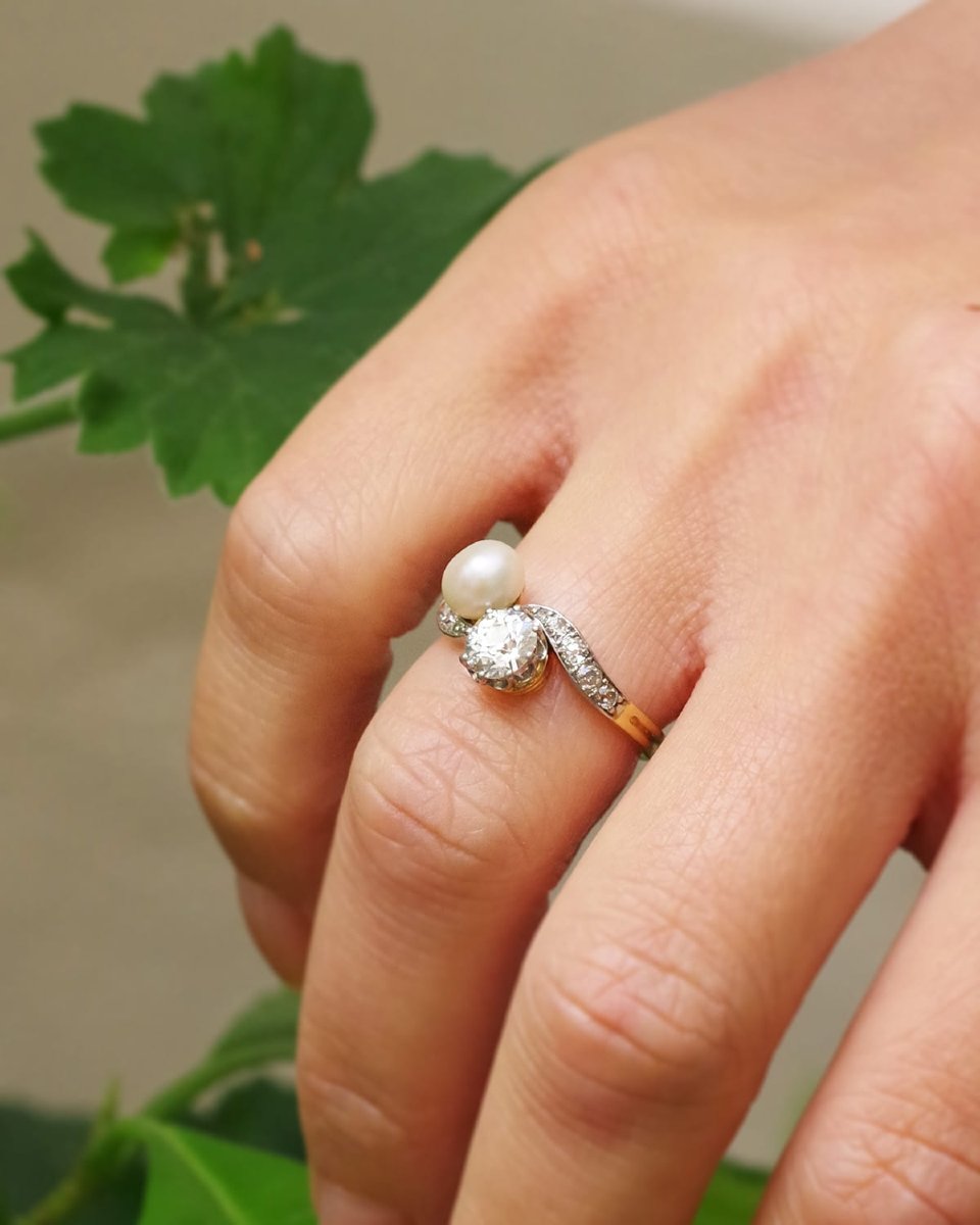 Bague Toi Moi perle fine diamant en or 18k et platine, bague perle fine, diamant de 0.70ct-photo-2