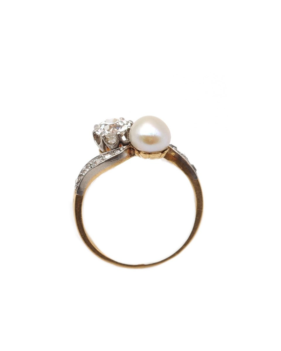 Bague Toi Moi perle fine diamant en or 18k et platine, bague perle fine, diamant de 0.70ct-photo-3