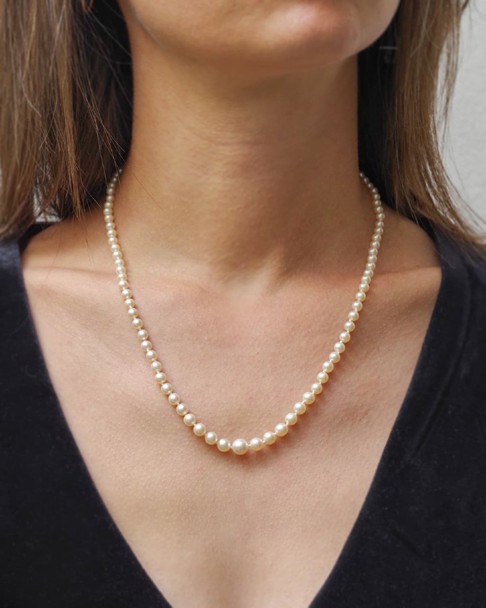 Edwardian Cultured Pearls Necklace, 18k Gold Clasp, French One Strand Necklace, Cultured Pearls-photo-4
