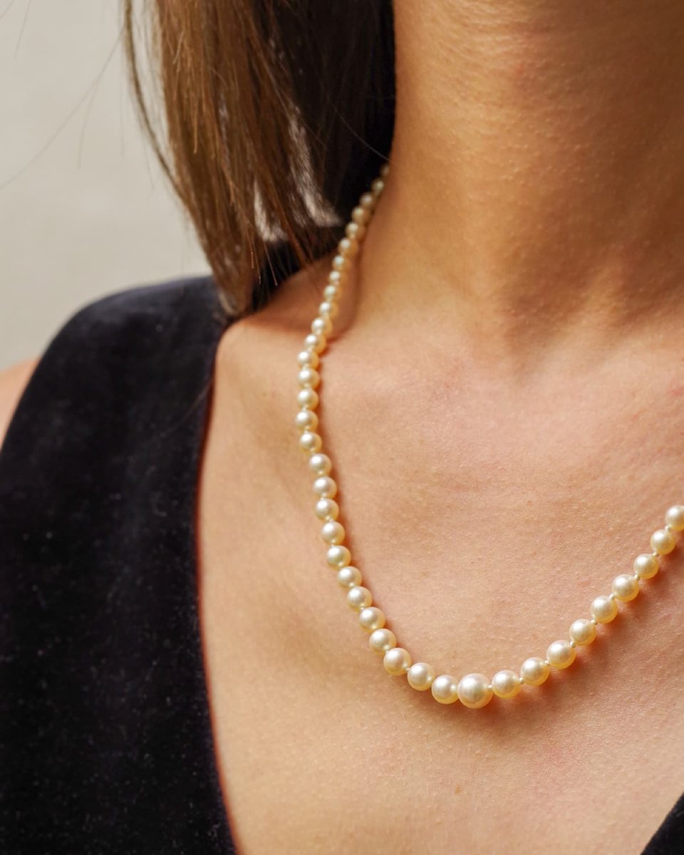 Edwardian Cultured Pearls Necklace, 18k Gold Clasp, French One Strand Necklace, Cultured Pearls-photo-1