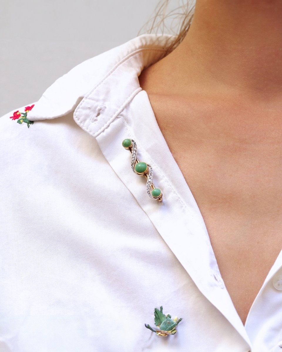 Broche turquoises diamants en or 18k et platine, diamants taille rose, cabochons-photo-2