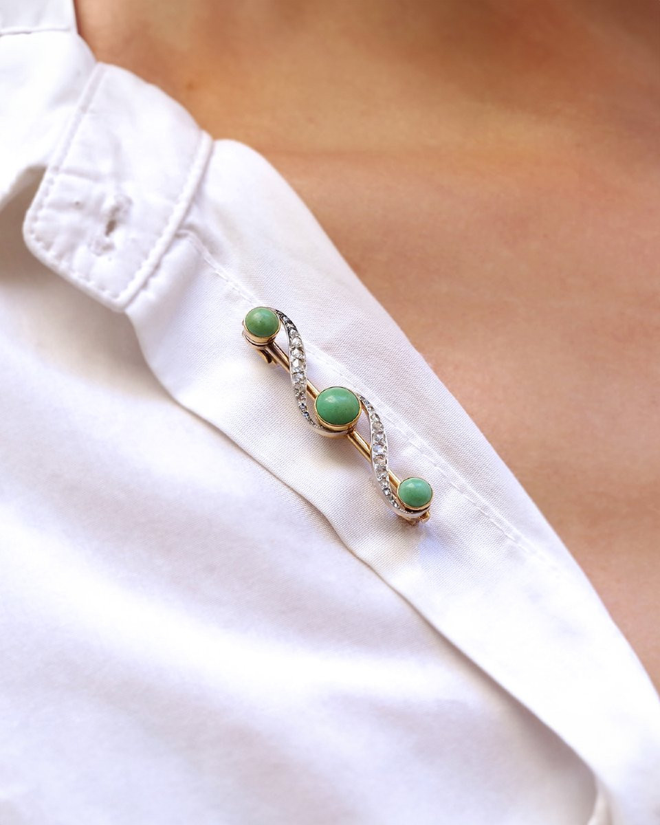 Broche turquoises diamants en or 18k et platine, diamants taille rose, cabochons-photo-3