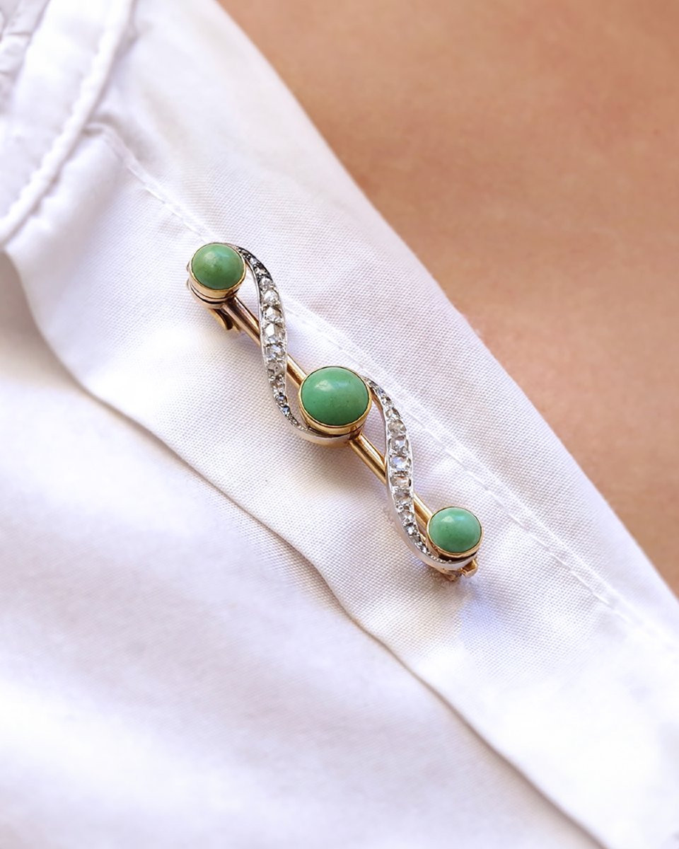 Broche turquoises diamants en or 18k et platine, diamants taille rose, cabochons-photo-4