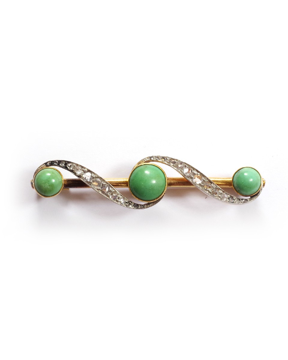 Broche turquoises diamants en or 18k et platine, diamants taille rose, cabochons
