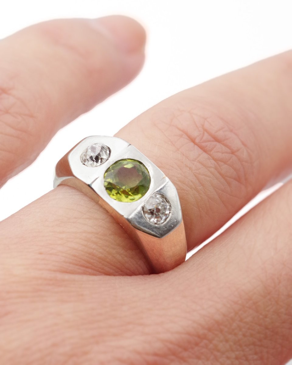 Mid-century Diamond Tourmaline Ring In White Gold 18k, Vintage Signet Ring-photo-3