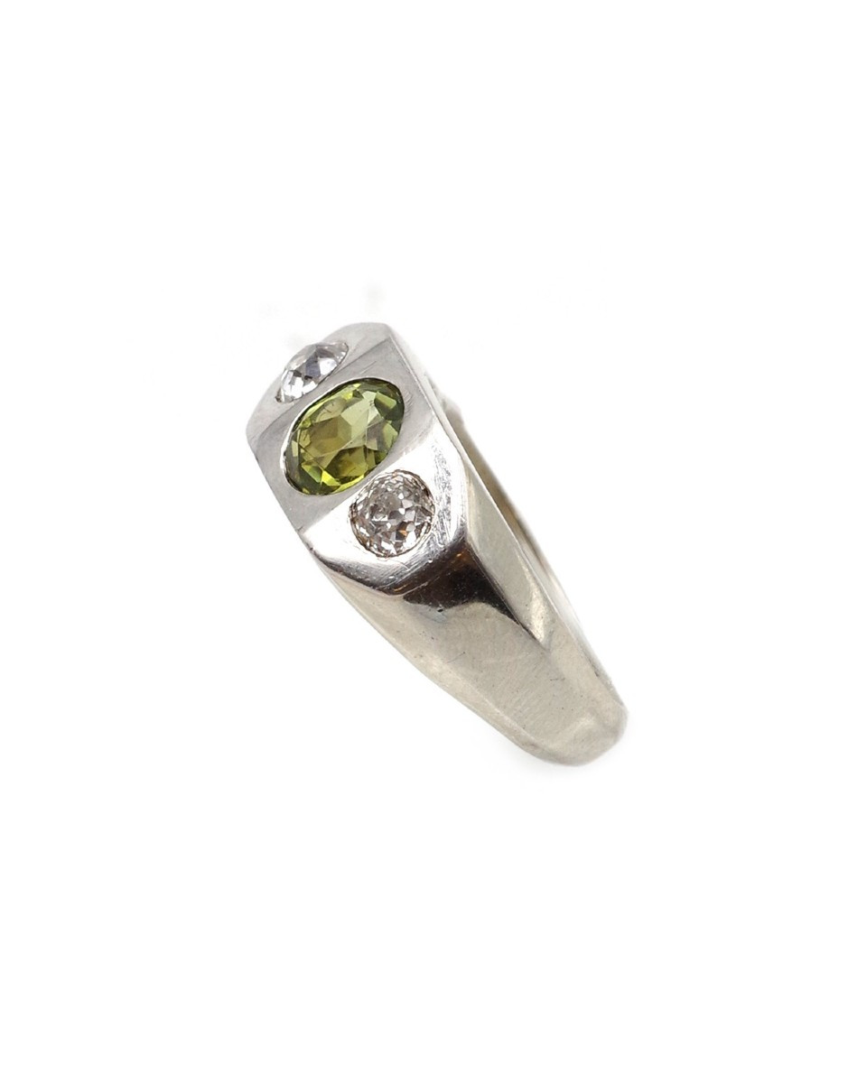 Mid-century Diamond Tourmaline Ring In White Gold 18k, Vintage Signet Ring-photo-4