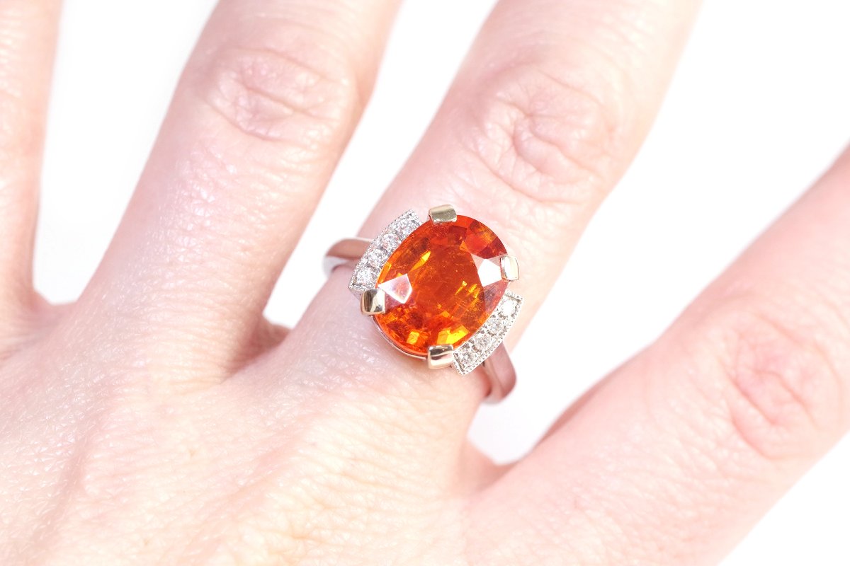 Mandarin Garnet Ring In White Gold 18k, Orange Garnet Spessartite, Vintage Ring-photo-1