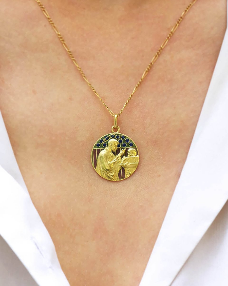 Aloysius De Gonzaga Enamel Pendant In 18k Gold, Jesuit, Plique A Jour Enamel, Art Nouveau-photo-2