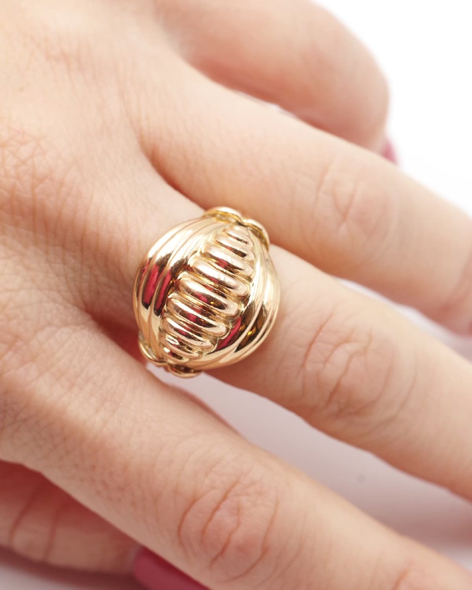Large French Retro Dome Ring In 18k Gold, Gadroons, 1950's Ring, Large Ring-photo-3