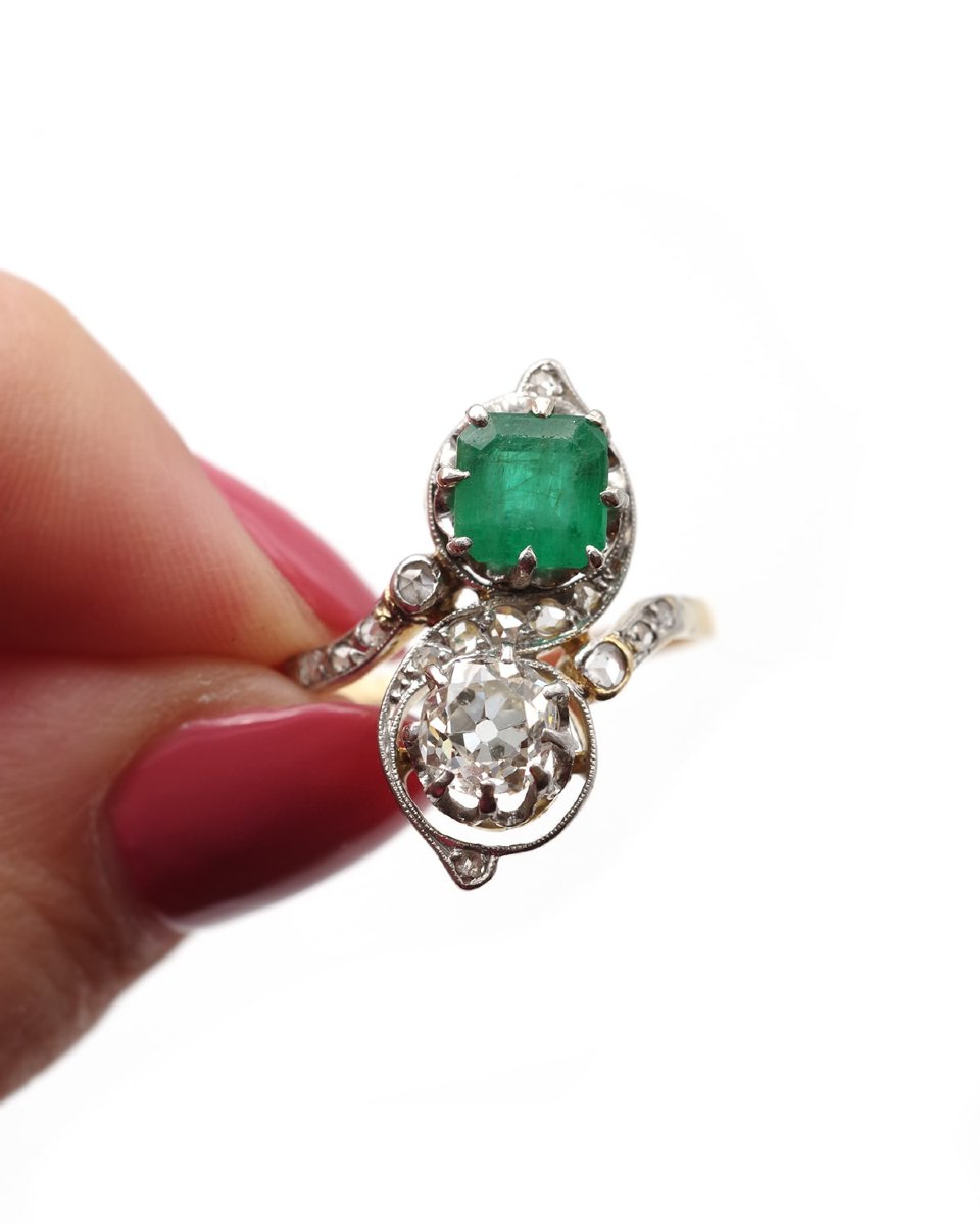 Bague Toi Moi émeraude diamants en or 18k, bague Belle Epoque, bijou ancien, 0.80 ct diamant-photo-1