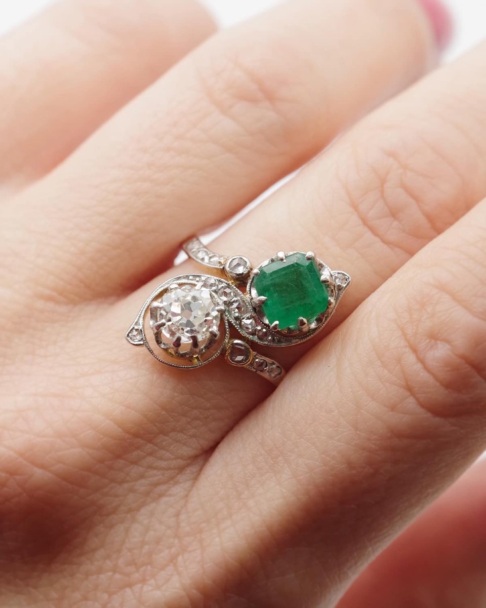 Bague Toi Moi émeraude diamants en or 18k, bague Belle Epoque, bijou ancien, 0.80 ct diamant-photo-2