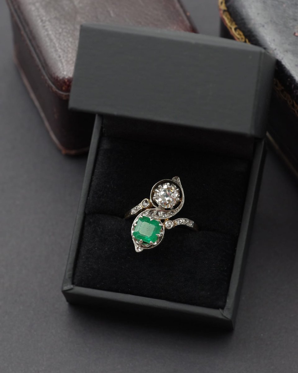 Bague Toi Moi émeraude diamants en or 18k, bague Belle Epoque, bijou ancien, 0.80 ct diamant-photo-3
