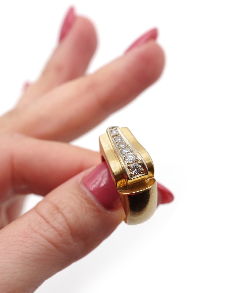 French Tank Wave Ring With Diamonds In 18k Gold And Platinum, Large Tank Ring-photo-3