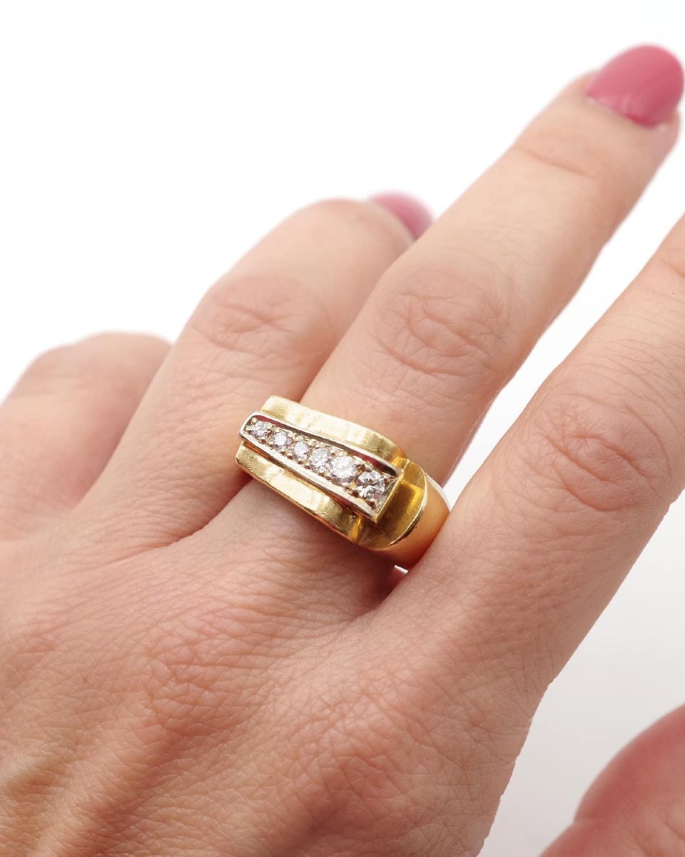 French Tank Wave Ring With Diamonds In 18k Gold And Platinum, Large Tank Ring-photo-4