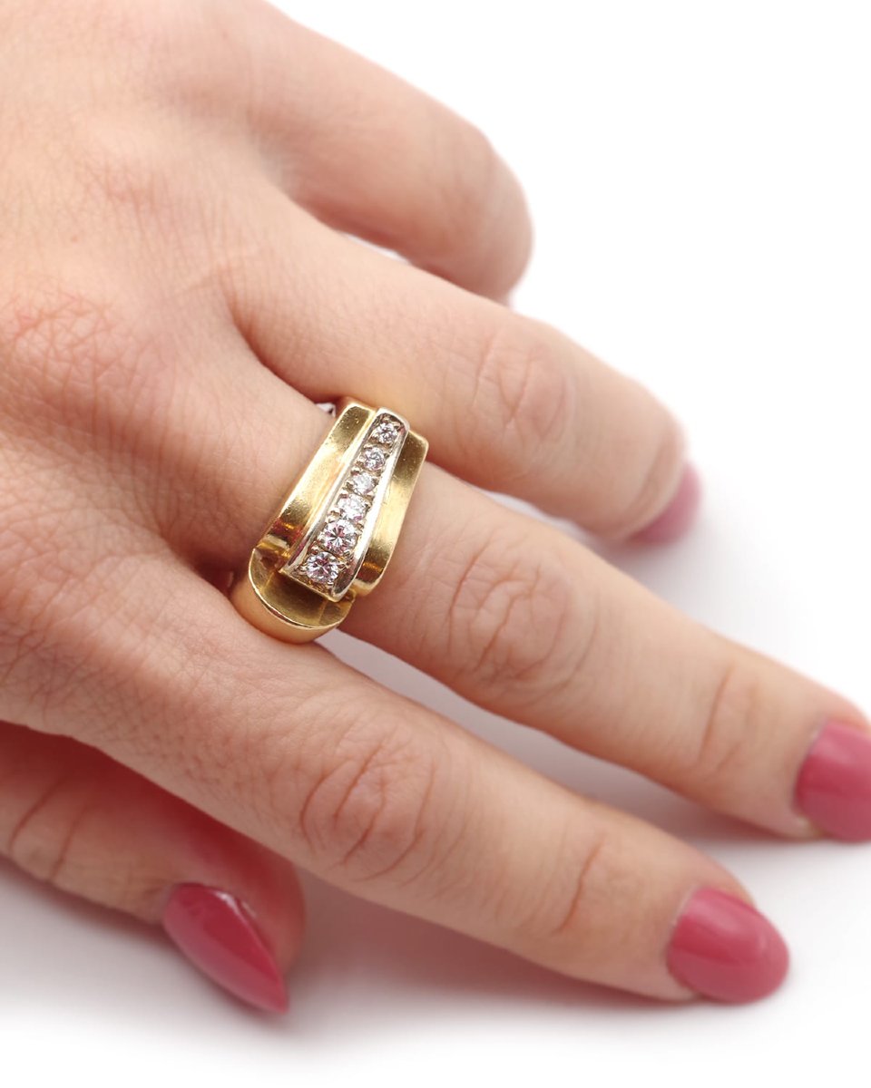 French Tank Wave Ring With Diamonds In 18k Gold And Platinum, Large Tank Ring-photo-2