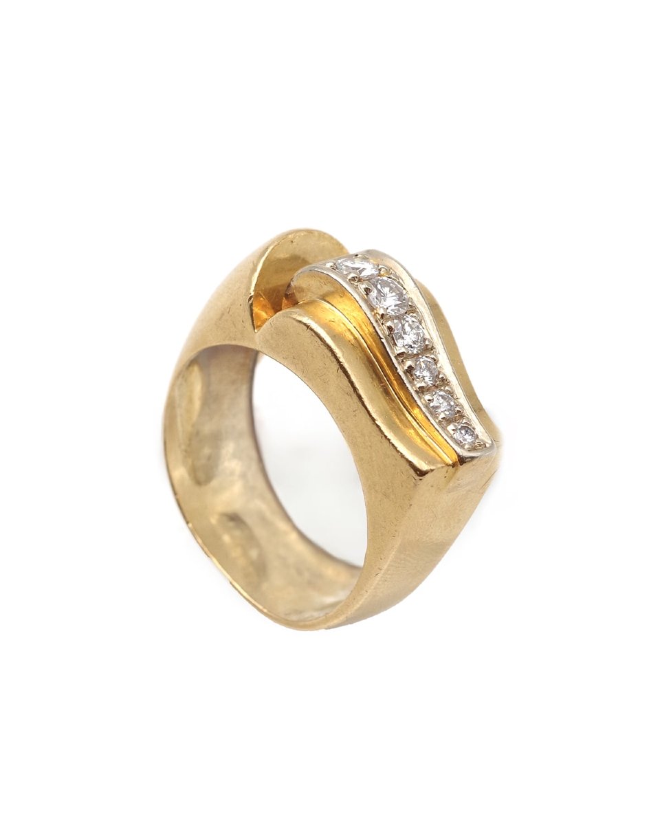 French Tank Wave Ring With Diamonds In 18k Gold And Platinum, Large Tank Ring-photo-4