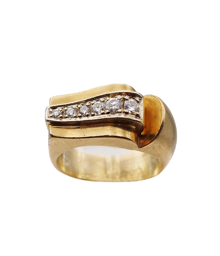 French Tank Wave Ring With Diamonds In 18k Gold And Platinum, Large Tank Ring