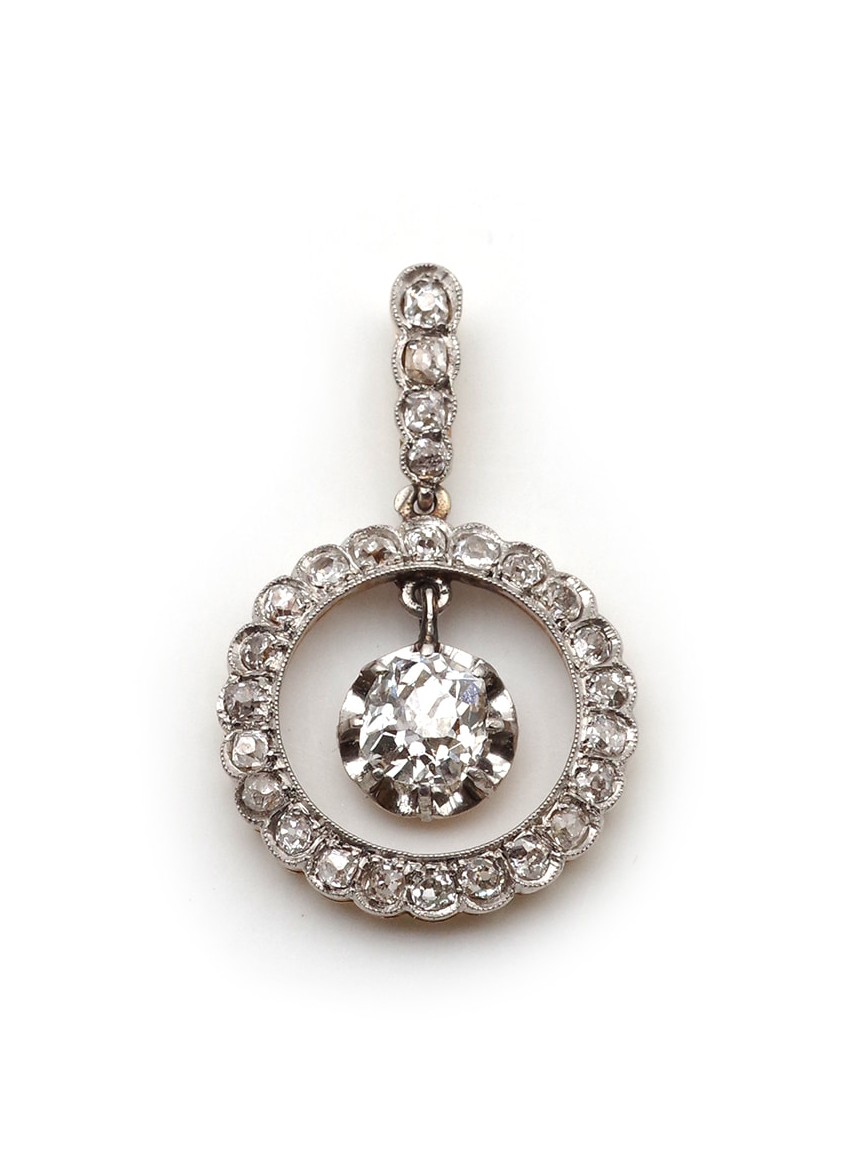 Edwardian Diamond Circular Pendant In 18k Gold And Platinum, Belle Epoque White Diamond Pendant
