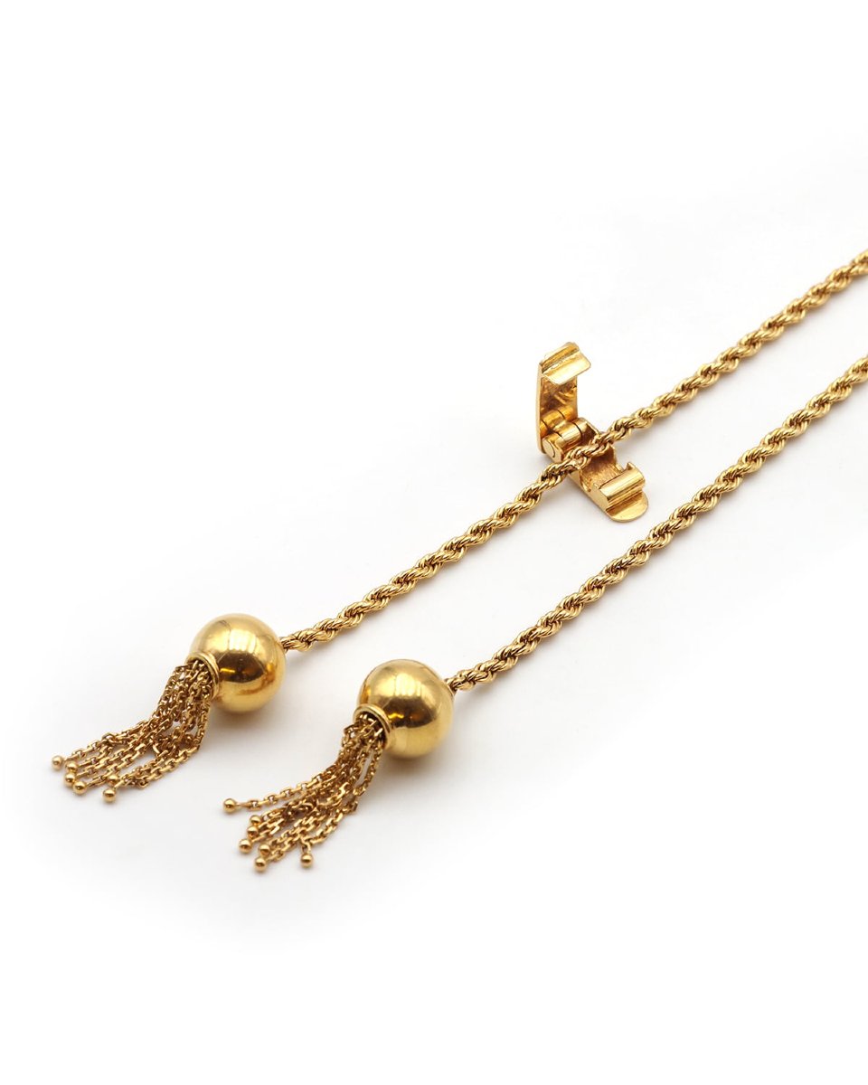 Long Twisted Necklace With Ball Tassels In 18k Solid Gold, Italian Vintage Jewel -photo-1