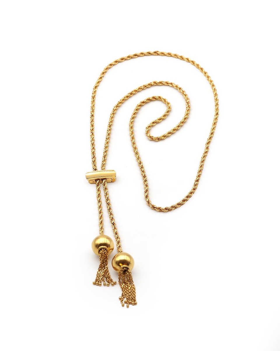 Long Twisted Necklace With Ball Tassels In 18k Solid Gold, Italian Vintage Jewel 