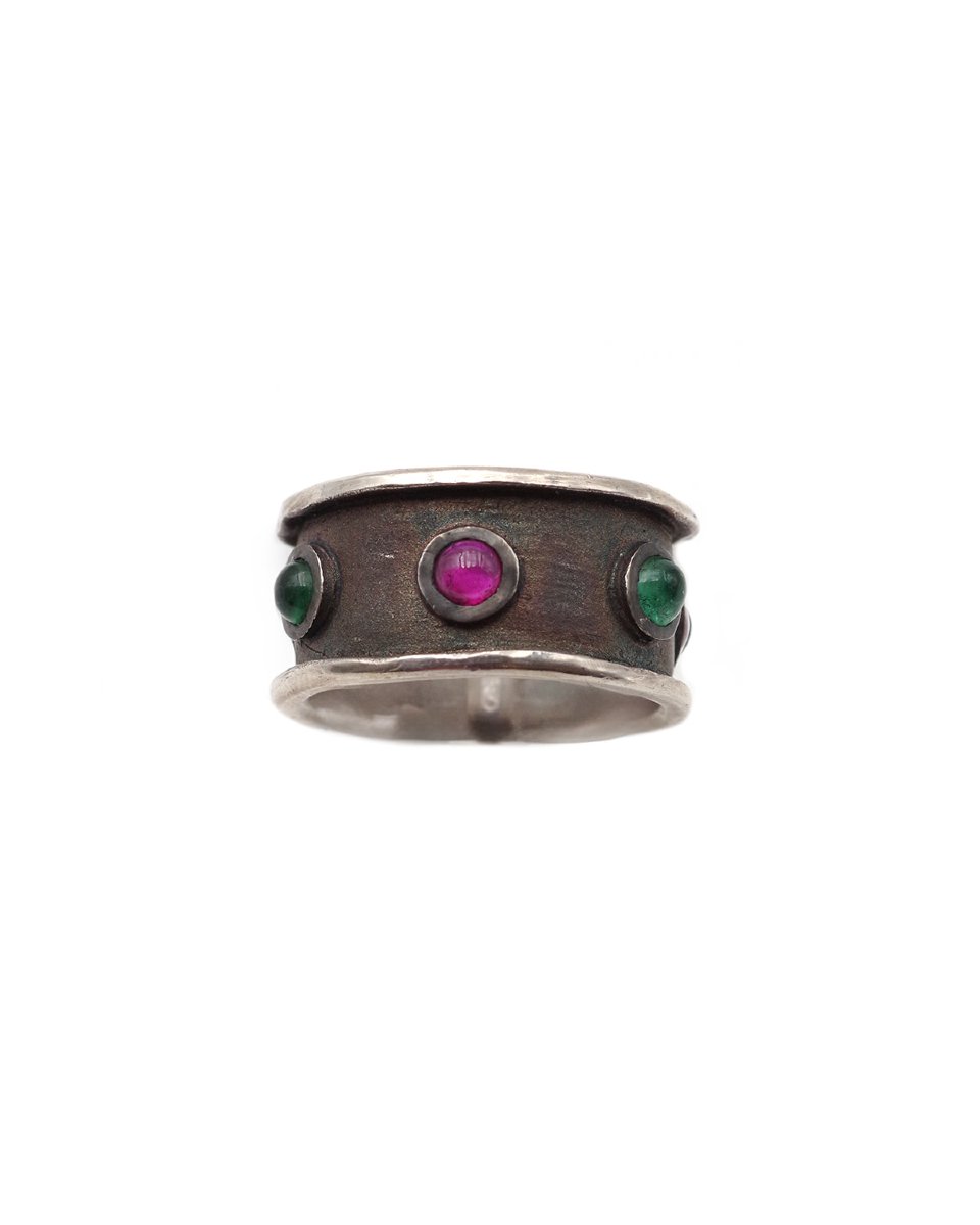 Bague bandeau rubis émeraudes en argent, bague vintage, cabochon rubis émeraudes-photo-2