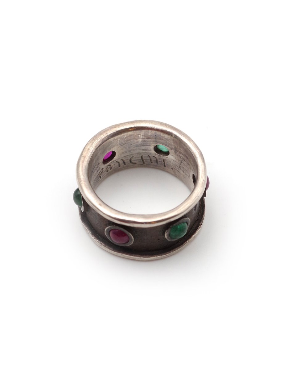 Bague bandeau rubis émeraudes en argent, bague vintage, cabochon rubis émeraudes-photo-3
