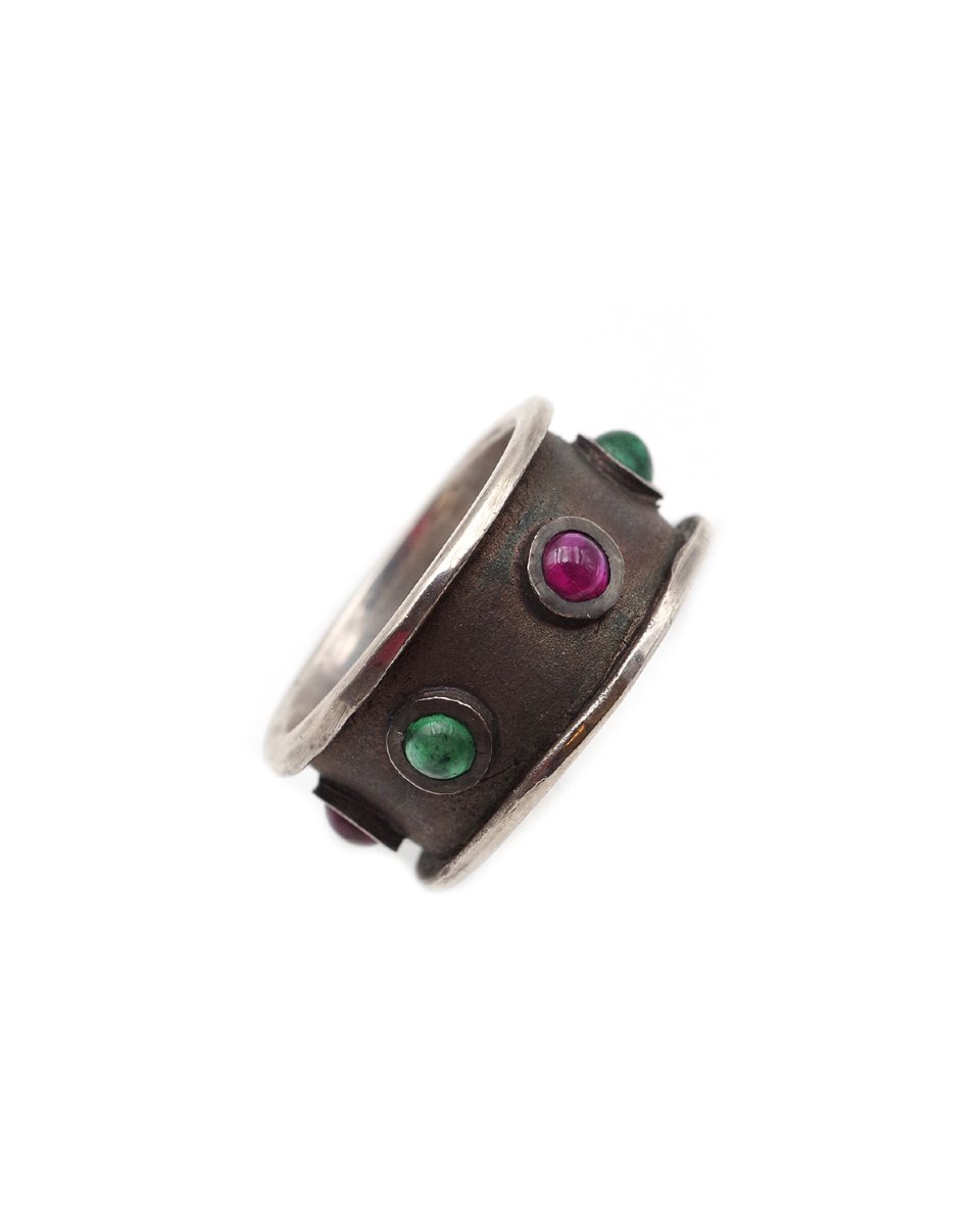 Bague bandeau rubis émeraudes en argent, bague vintage, cabochon rubis émeraudes-photo-4