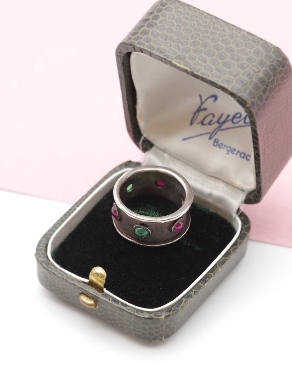 Bague bandeau rubis émeraudes en argent, bague vintage, cabochon rubis émeraudes-photo-3
