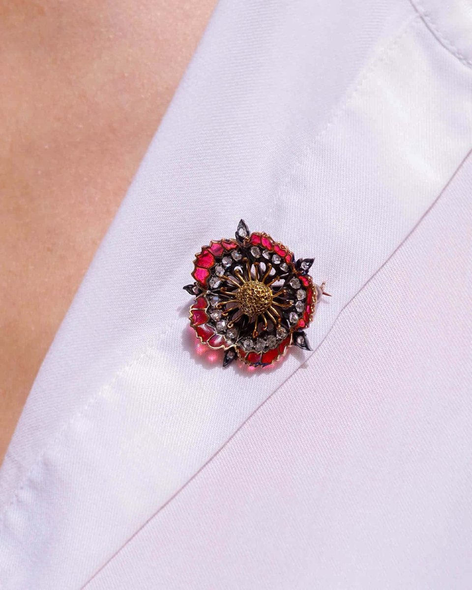 Broche pavot émail plique-a-jour or 18 karats et argent, broche fleur, email translucide-photo-2
