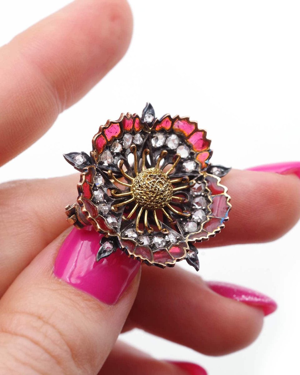 Broche pavot émail plique-a-jour or 18 karats et argent, broche fleur, email translucide-photo-3