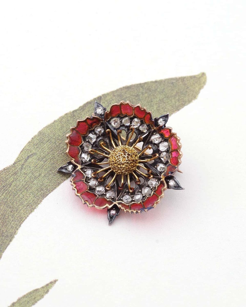 Broche pavot émail plique-a-jour or 18 karats et argent, broche fleur, email translucide-photo-4