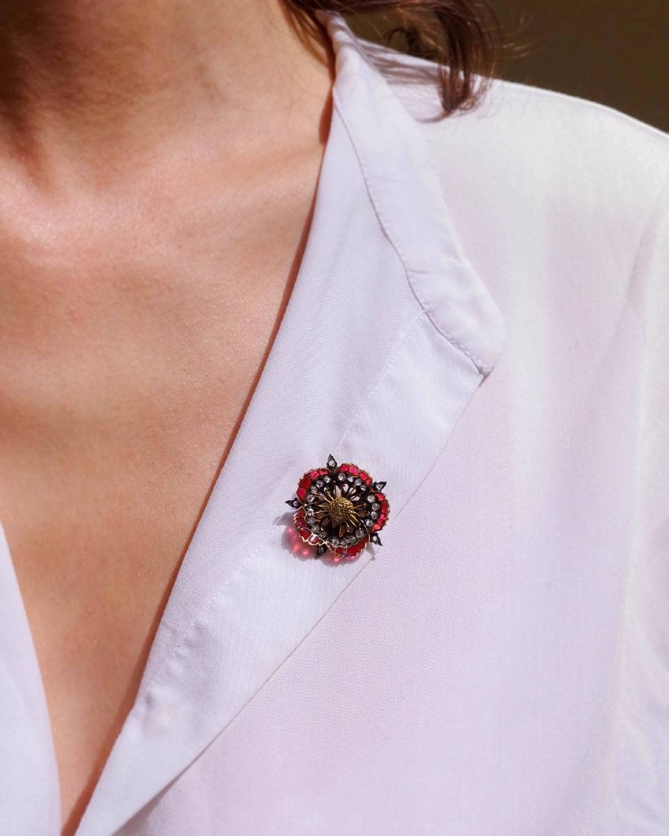 Broche pavot émail plique-a-jour or 18 karats et argent, broche fleur, email translucide-photo-1