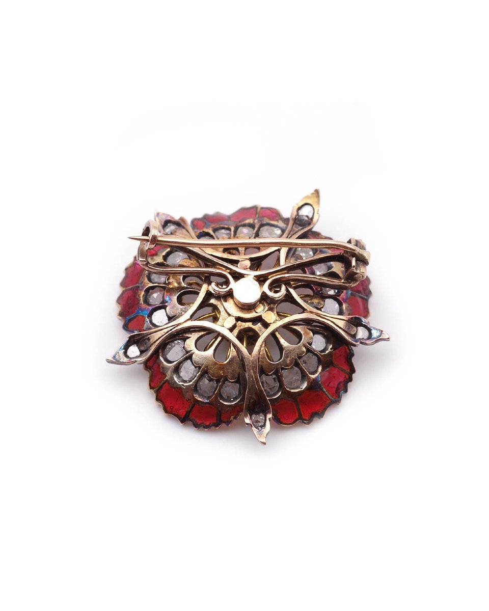 Broche pavot émail plique-a-jour or 18 karats et argent, broche fleur, email translucide-photo-3
