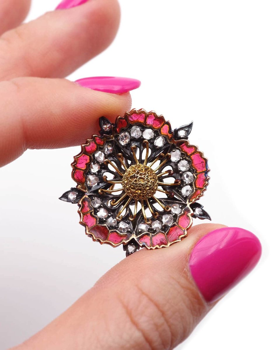 Broche pavot émail plique-a-jour or 18 karats et argent, broche fleur, email translucide