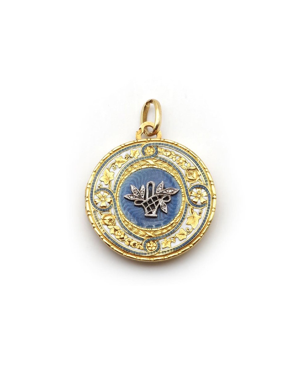Edwardian Basket Flower Enameled Locket In 18k Gold, Art Nouveau Pendant, Sentimental Jewelry -photo-3