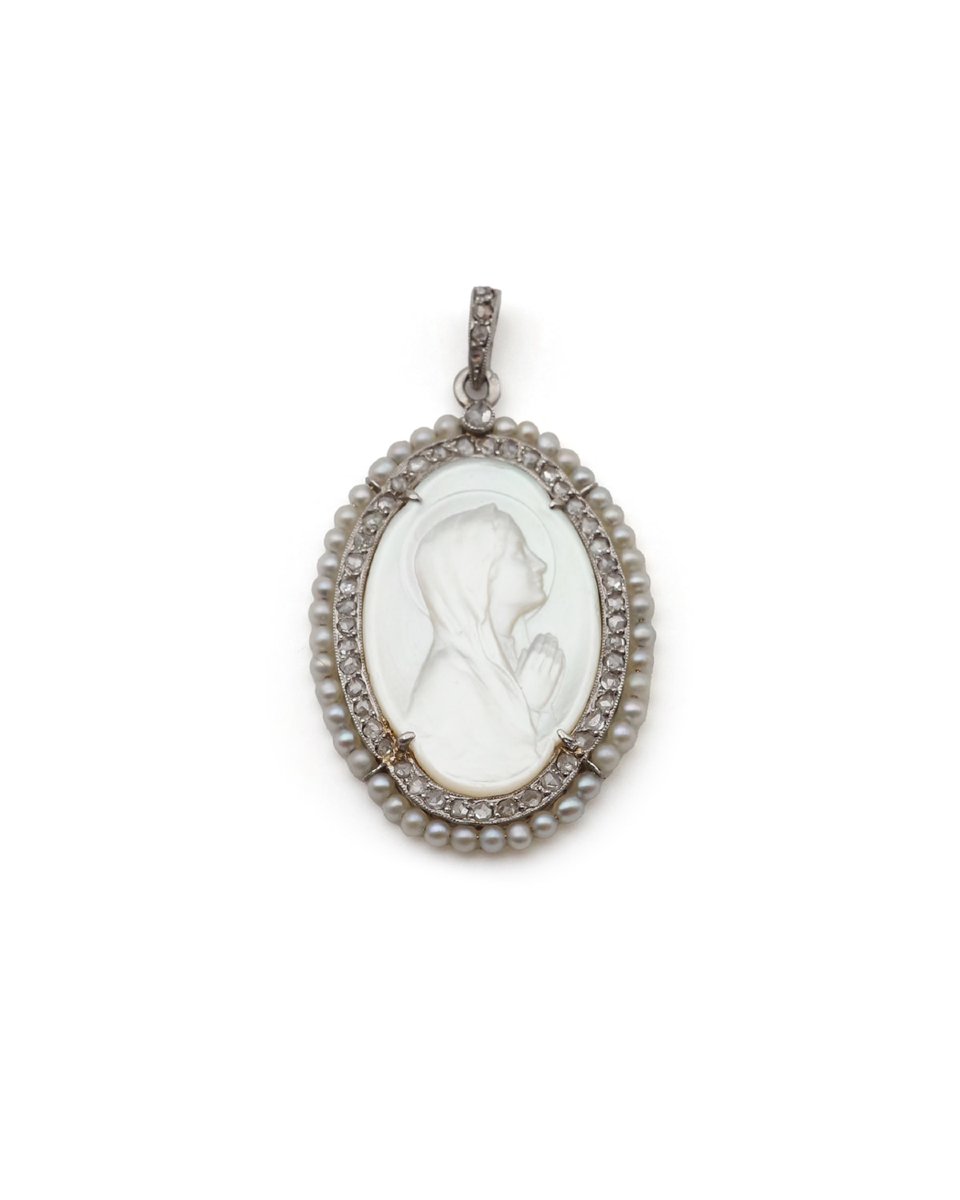 Edwardian Pearl Virgin Mary Pendant In Platinum, Belle Epoque Pendant, Mother Of Pearl-photo-2