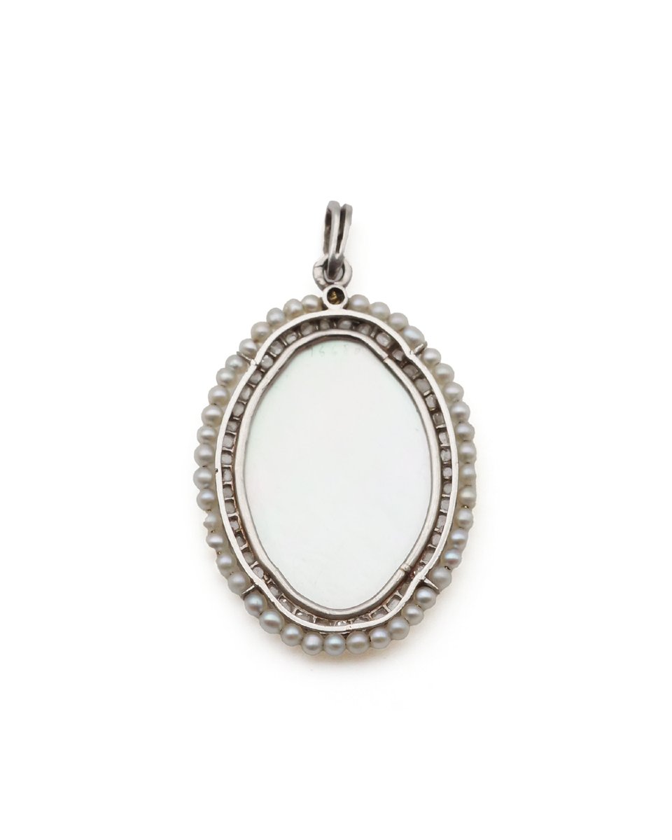 Edwardian Pearl Virgin Mary Pendant In Platinum, Belle Epoque Pendant, Mother Of Pearl-photo-4
