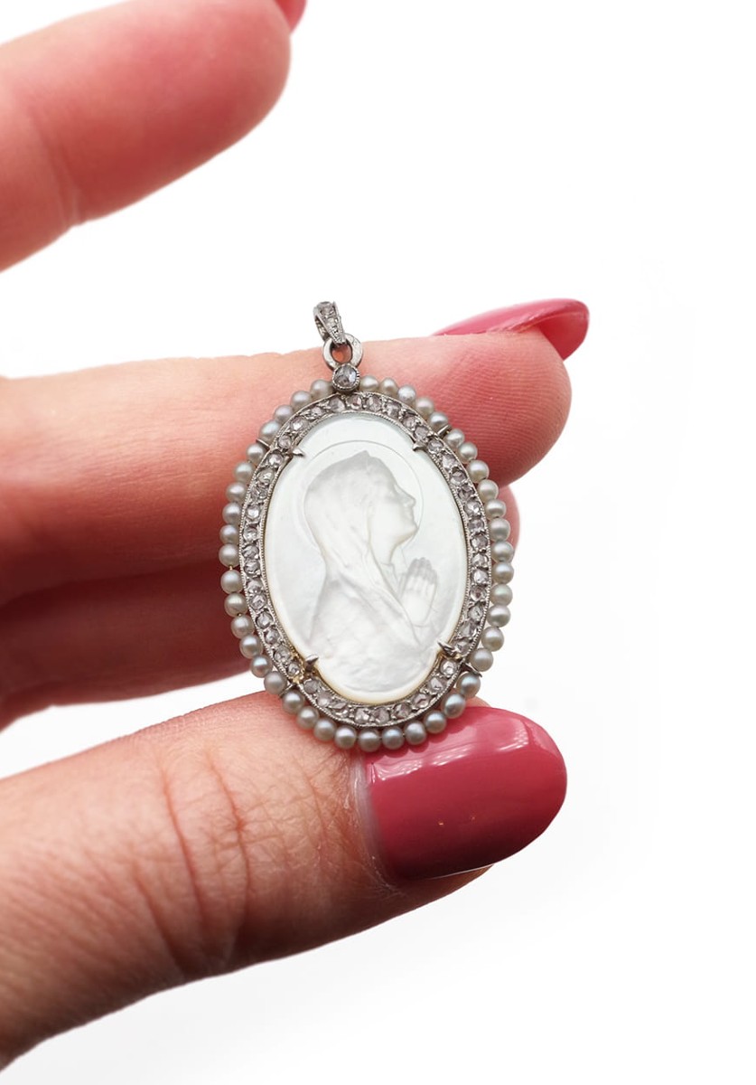 Edwardian Pearl Virgin Mary Pendant In Platinum, Belle Epoque Pendant, Mother Of Pearl