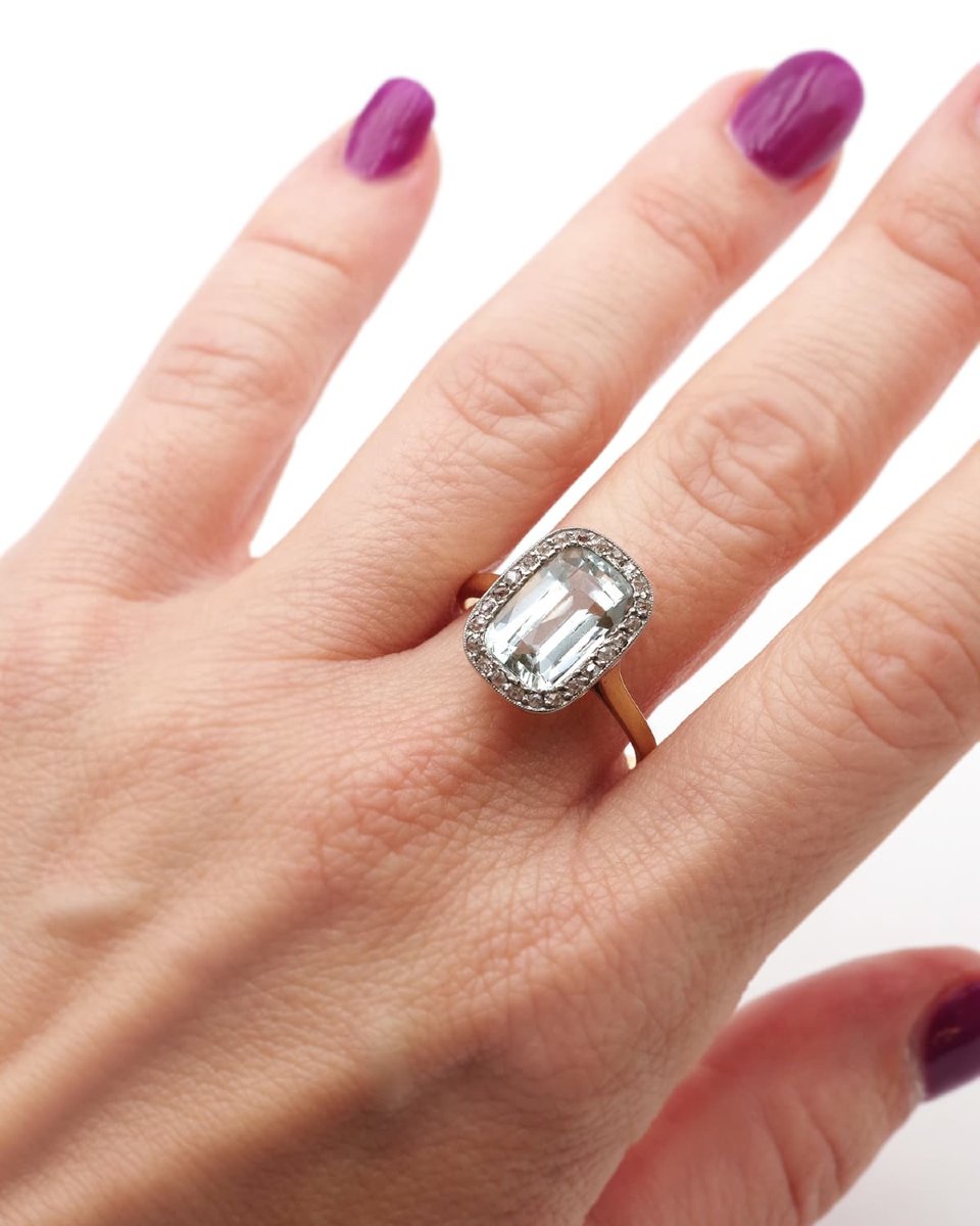 Art Deco Aquamarine Diamond Cluster Ring In 18k Gold And Platinum, Wedding Ring-photo-2