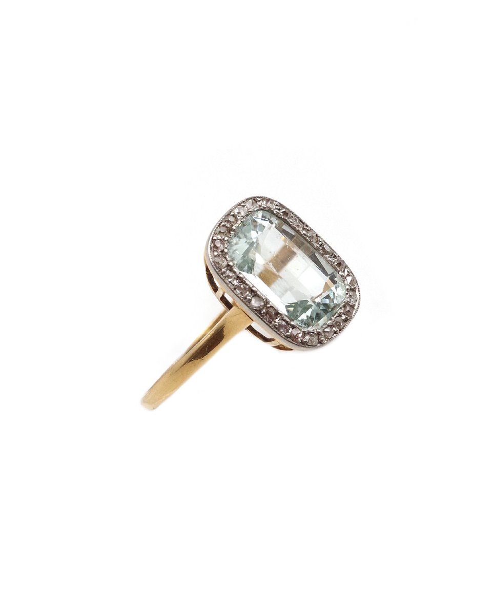 Art Deco Aquamarine Diamond Cluster Ring In 18k Gold And Platinum, Wedding Ring-photo-3