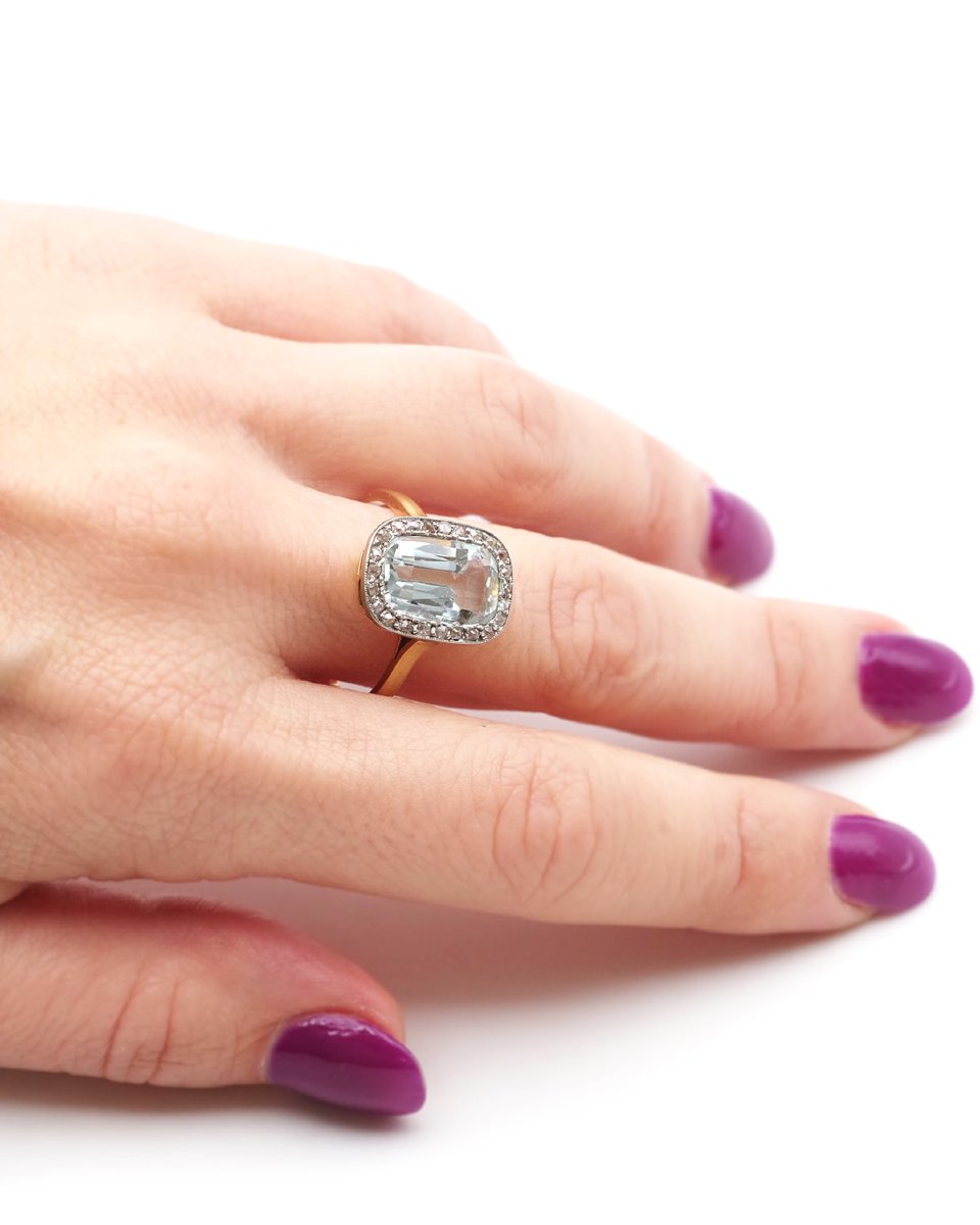 Art Deco Aquamarine Diamond Cluster Ring In 18k Gold And Platinum, Wedding Ring-photo-4