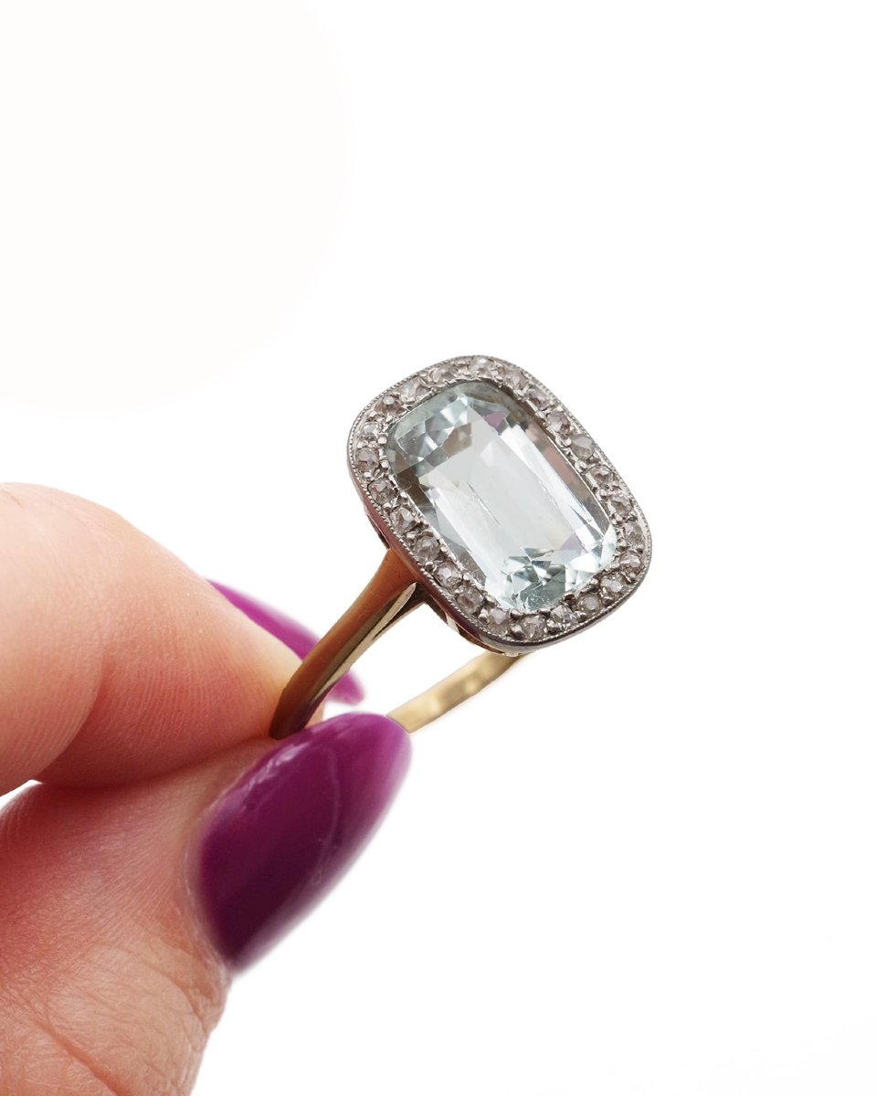 Art Deco Aquamarine Diamond Cluster Ring In 18k Gold And Platinum, Wedding Ring-photo-1
