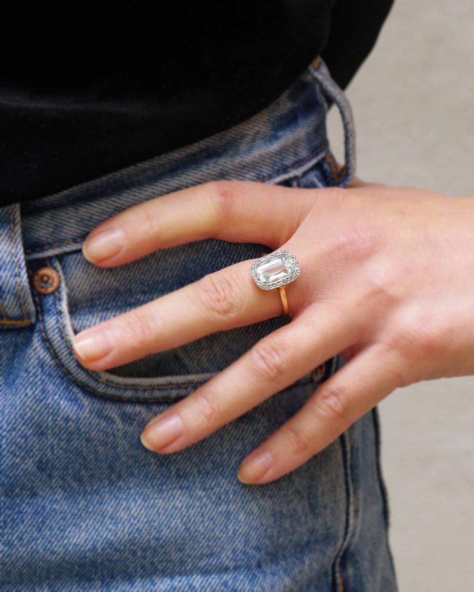 Art Deco Aquamarine Diamond Cluster Ring In 18k Gold And Platinum, Wedding Ring-photo-2