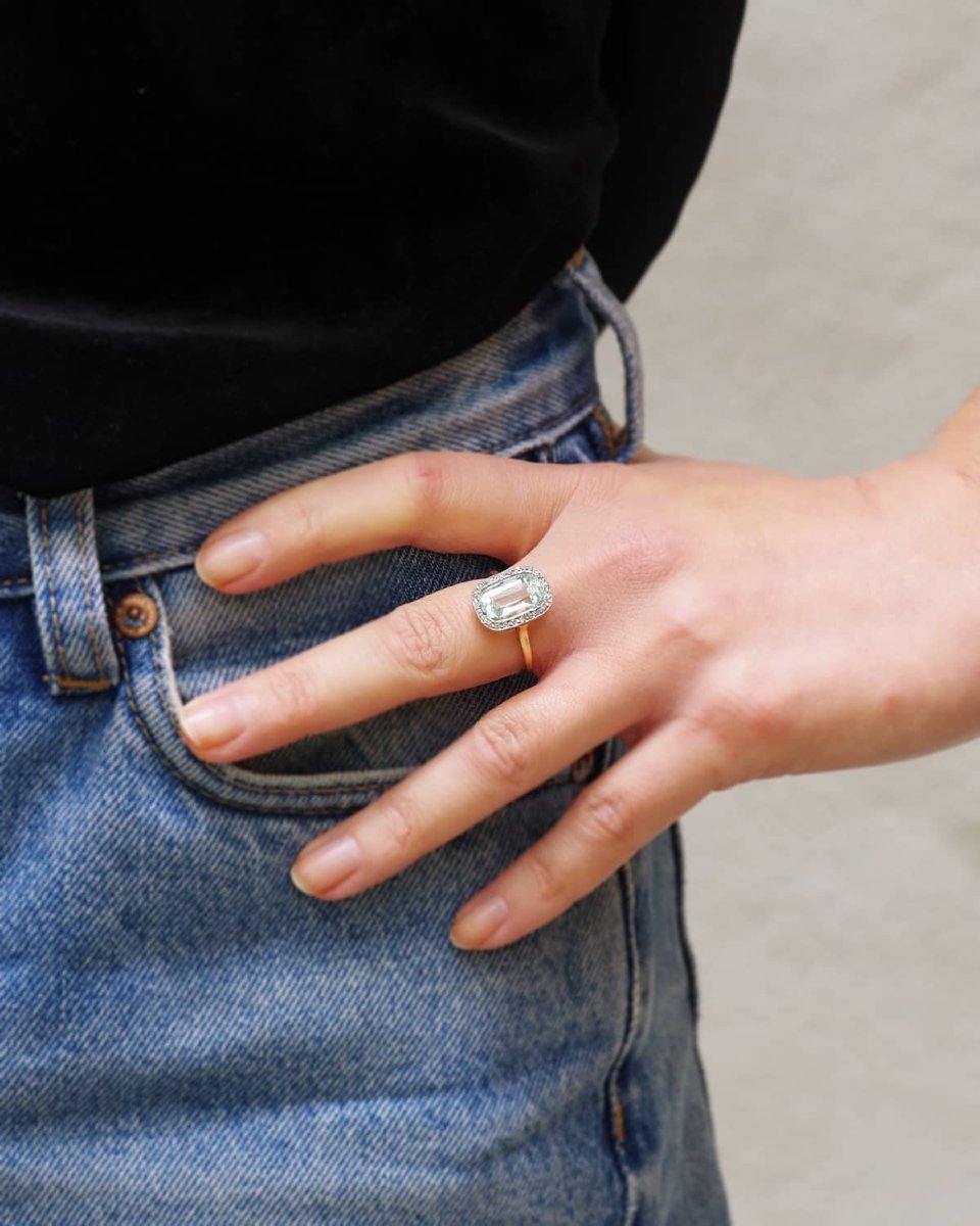 Art Deco Aquamarine Diamond Cluster Ring In 18k Gold And Platinum, Wedding Ring-photo-3