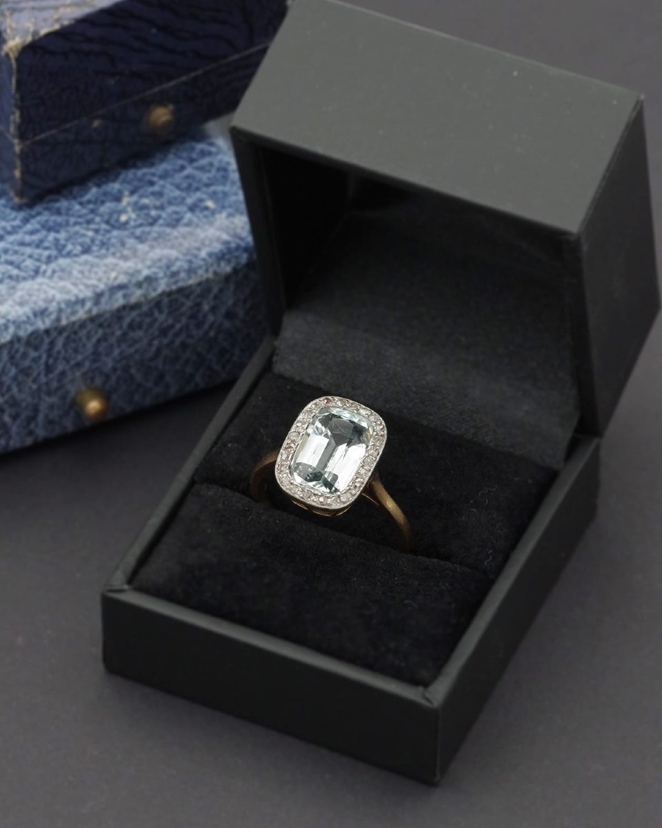 Art Deco Aquamarine Diamond Cluster Ring In 18k Gold And Platinum, Wedding Ring-photo-4