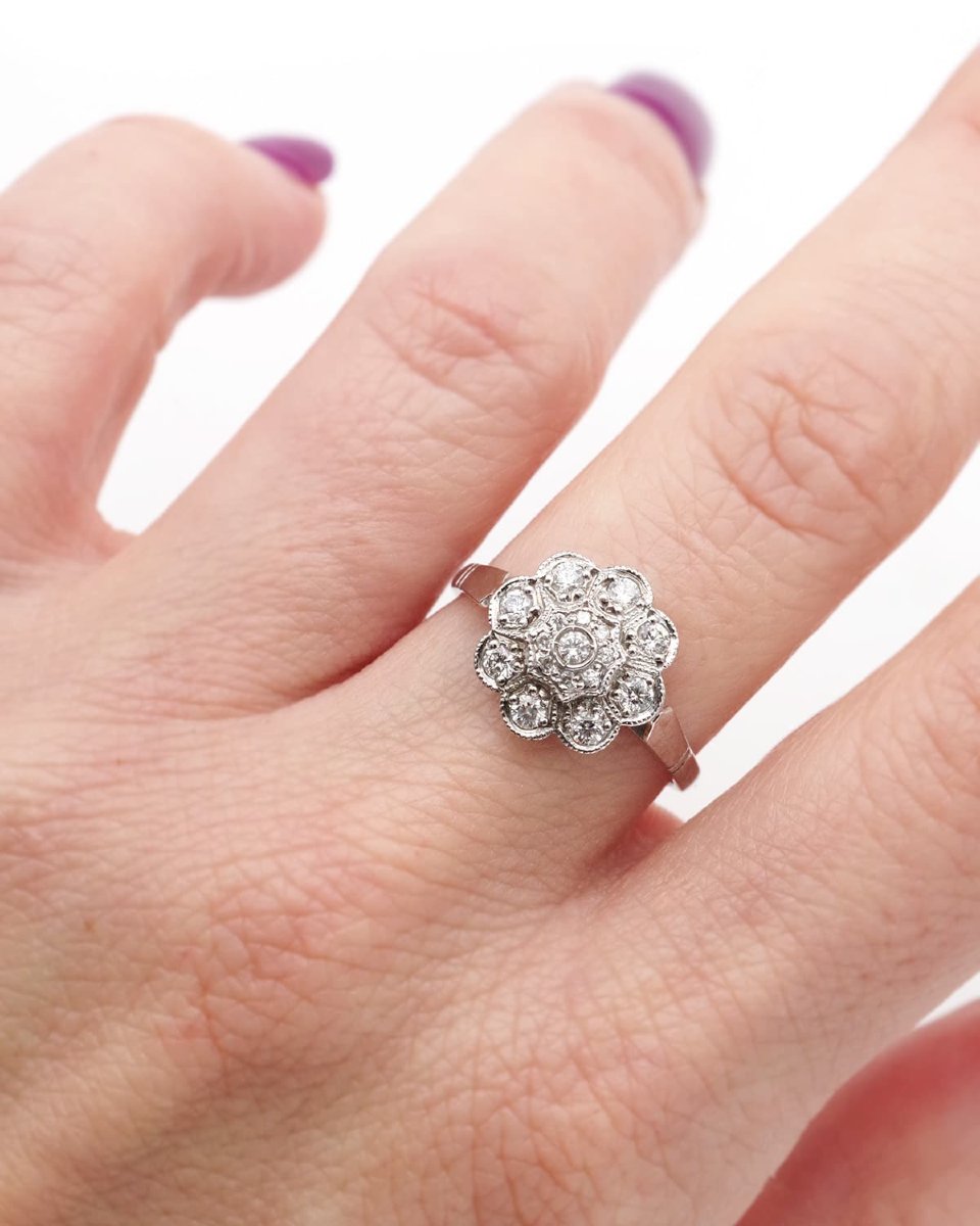 Bague fleur diamants en or blanc 18k, bague vintage, bague fiançailles diamants-photo-3