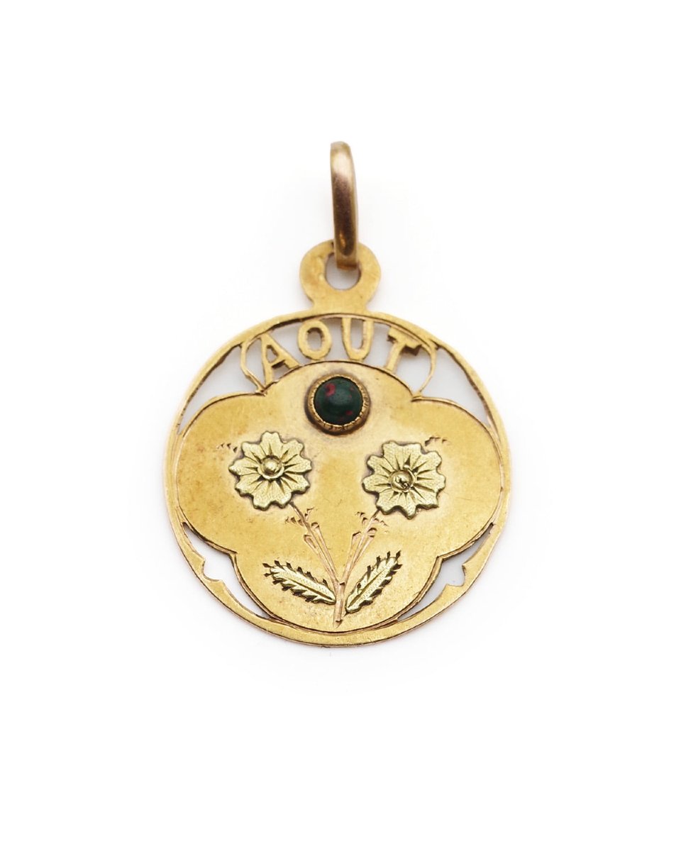 Art Nouveau August Medal In 18k Gold, August Month Pendant, Birthday, Art Nouveau Jewel-photo-2
